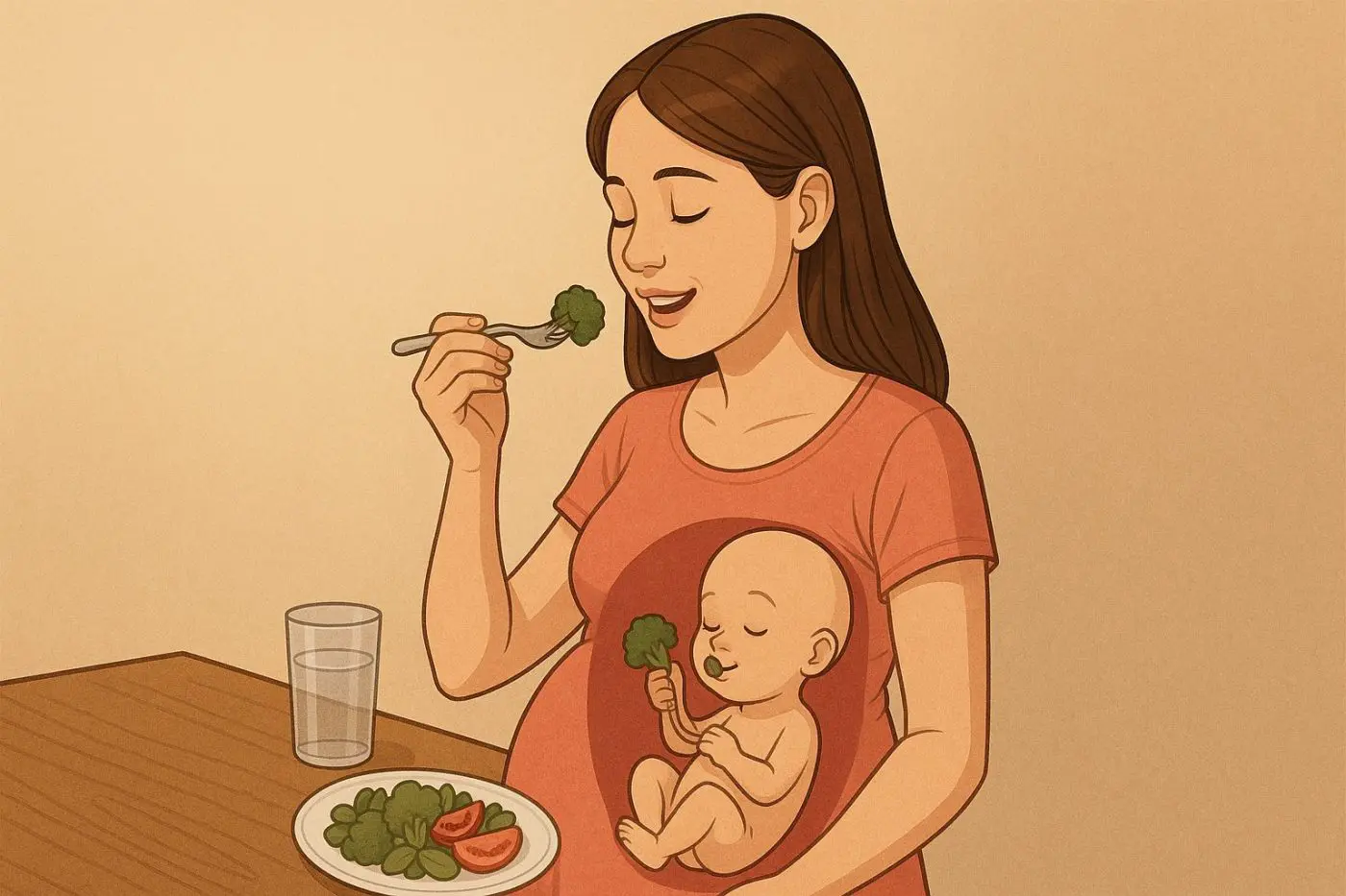 Mujer embarazda comiendo brocoli